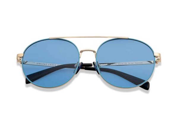 Gold Blue Full Rim Round Sunglasses - Image 4